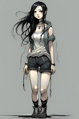 pretty girl, aged 15, black hair, dystopia, athletic, full length