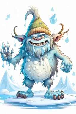 fantasy cartoon style illustration: mischievous Snow Troll. The troll is big, burly creatures with icicles hanging from their long, pointy noses. The Snow Trolls loved to toss snowballs for fun,