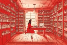 surreal image full-height shot of a young woman in tight red clothing, inside a large modern magic shop, sitting at a desk, wooden shelving, bottles, windows