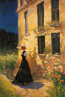 Night, vegetations, flowers, one woman, house, distant buildings, charles leickert, and berthe morisot paintings