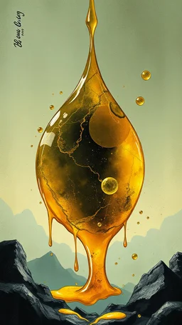 art illustration in the style of Luis Royo, large droplets of viscous and syrupy fluid, burnished jade, planet earth in crystal shape in an ice cream con golden yellow, ink black