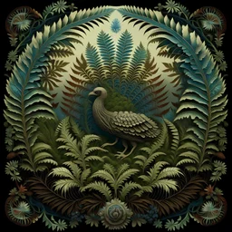 realistic image like a photo of mandala fraktal fern, birds, muschroom, forest