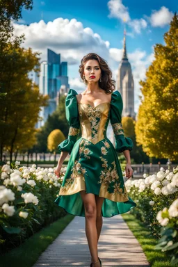 fullbody girl makeup wearing a dark green-gold victorian short dress walking in moder city of 2040 park ,flowers ,pretty clouds in blue sky,city escape.