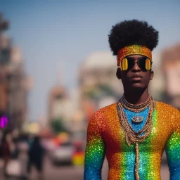 full body shot, masterpiece, best quality, man of median age, black skinned, sparkling eyes, fluorescent skin, colorful makeup, afro, highly detailed body, afrofuturism, scifi, sun light, 4K, RAW, depth of field, high contrast, realistic details, 24mm