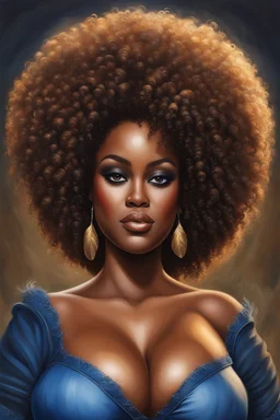 create a oil painting illustration of a plus size dark skinned black female wearing Tight blue jeans and a hazel brown off the shoulder blouse. Prominent make up with long lashes and hazel eyes. She is wearing brown feather earrings. Highly detailed full black tight curl afro