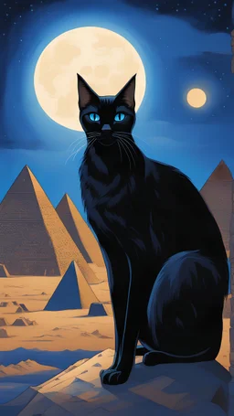 un gato negro egipcio a la luz de la luna, con fondo en las piramides de egipto en tonos azules, celestes, en estilo vitraux