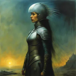 ConceptSheet by Zdzisław Beksiński: Felicia, a name that resonates with might, A ranger strong, her presence a beacon of light. Clad in chainmail, armor gleaming with pride, A pike in hand, her skills she won't hide.