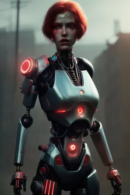 Beautiful portrait of red girl robot, post-apocalypse cybernetic in a cyberpunk city, sci-fi fantasy style, 8k,dark