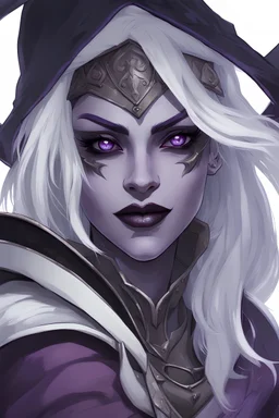 Dungeons and Dragons portrait of the face of a drow rogue blessed by eilistraee. She has purple eyes, pale armor, white hair, and is surrounded by moonlight.