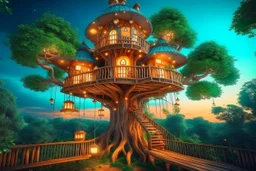 a huge tree floating in the sky, a warm and cozy treehouse on the tree, firelights, ornaments, christmas vibes, beautiful, comfy palace, home