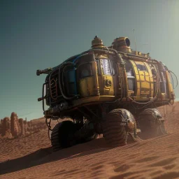 3d rendering. Steampunk futuristic yellow monster machine. Buried in desert sand. Lost in Time, dramatic lighting, blue Lut, hyper realistic, cinematic lighting