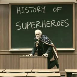 grainy photograph, college lectern hall where a old male Professor has tied an American flag to his neck like a cape and is pantomiming flying by kneeling on desk and leaning forward, blackboard chalk scrawl reads "HISTORY OF SUPERHEROES", absurdism, profound