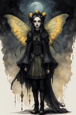 Jean-Baptiste Monge style 19th century hand drawn full body portrait dark gothic fantasy illustration of a walking hybrid Comet moth goth girl, with highly detailed facial features with large sad eyes, drawings, 8k, vibrant natural colors, otherworldly and fantastic