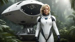 A photorealistic image of an adventurous, slender, 50-year-old woman from the future, dressed in a fitted, full-body spacesuit, stands proudly beside her huge, wide, sleek, wingless cargo starship. Her uncombed, blond hair has bangs. She is standing on a metal box in a jungle clearing.