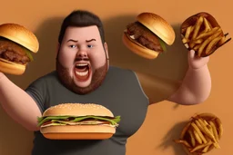 sterotypical american fat guy eating a burger