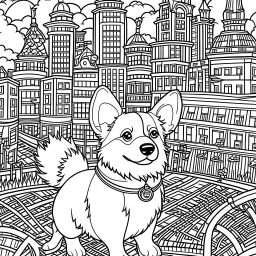 coloring pages for adults, Corgi, Quirky, In the style of Bravest Warriors, Urban city background, Excited Mood, Fine Lines, Low Detail, --ar 9:16