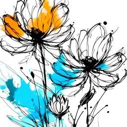 Clip art of two Sketched flowers with black ink and filled with abstract watercolor, background mostly white, like a canvas.