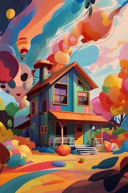 A colorful dream home, trees, balloons, a little boy, a little dog , cartoon style