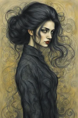 create full body oil pastel of a dark haired, savage, gothpunk vampire girl with highly detailed , sharply defined hair and facial features set against a swirling chaotic background, in the style of ODILON REDON and JEAN-FRANCOIS MILLET