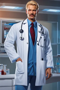 Mid-thirties, Caucasian male doctor, kind smile, blonde hair (slightly disheveled) thick blonde mustache, pale blue eyes, broad shoulders, muscular, six foot, Hawaiian shirt under white lab coat with bloodstains at the edges. Strong Jaw line, surrounded by shadows, photo realistic