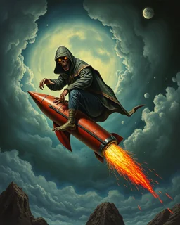 Bosch painting style ,nightmare, Scary hooded creature riding on rocket dropped from the sky as seen from the classic old movie