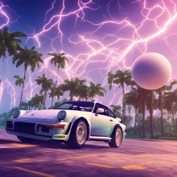 1980's aesthetic vaporwave palm trees and spheres and Porsche with lightning