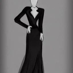 Fashion sketch of dress, black dress with black long sleeves, white collar, lace and silk, modern, conceptual design