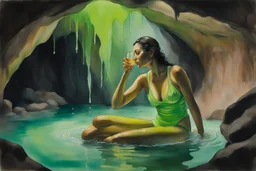 Close-up portrait of a woman in a bright neon green bathing suit sitting in the water of a cave bath, the walls and ceiling of the bath are dark brown clay-like, a few candles illuminate it suggestively, the woman is contentedly sipping champagne, lifelike watercolour, S<AI