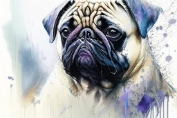 Pug, portrait by Willem Haenraets, watercolor, wet on wet and splattering techniques, centered, perfect composition, abstraction, surrealism