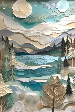 Papier Mache, paper layers, muted color, a magical winter landscape with a lakeshore