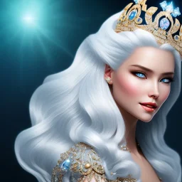 Ice Princess with white hair smilling, a crown with precious stones, bright background