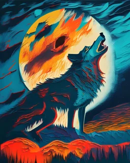 A dramatic portrait of a wolf howling at the moon, its silhouette set against a fiery night sky, in the style of expressionism, intense colors, bold brushstrokes, and a sense of passion and raw emotion, influenced by the works of Edvard Munch and Franz Marc, conveying the untamed spirit of the wilderness.