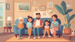 Vector cartoon-style beautiful faces family on the living room with father, mother, kids and grandfather and grandmother. Dreamy , The image conveys a sense of dreaming calmness, joy, and self-acceptance, the characters are cartoon style , cozy, beautiful faces, 4k, ultra realistic, 8k, UHD