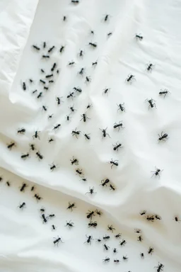 A bed with white sheet covered with black ants