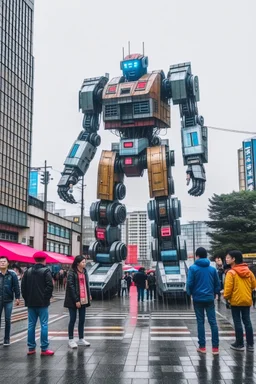 little people looking at huge dancin giant robot of vitalik buterin at tokyo shibuya crossroads in the rain