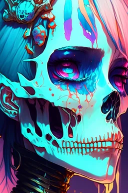 a close up of a person with a skull on their head, anime skull portrait woman, scary detailed art in color, hiroyuki-mitsume takahashi, nychos art aesthetic, half woman half skeleton, anime cyberpunk art, colored manga art, rossdraws pastel vibrant, cold colors. insanely detailed, beautiful anime portrait, stunning anime face portrait, scary art in color