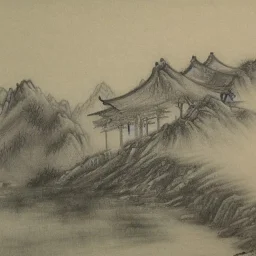 old chinese nature landscape painting, pencil sketch