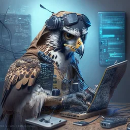 A falcon as a hacker using hacker gadgets