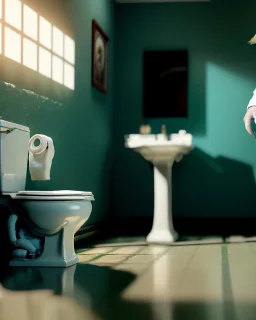 Toilet scene, donald trump sitting with his pants down and defecating, realistic image, Tarantino style, concept art, smooth, unreal engine 5, god lights, ray tracing, RTX, lumen lighting, ultra detail, volumetric lighting, 3d.