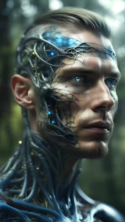 beautiful cyborg man face in full view, journey into the healing power of nature, photorealism, perfect composition, cinematic frame, complex details, hyper-detailed