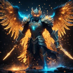 bioluminescent demonic knight with golden wings, covered with glowing crystals, fire and water particles in air, splash art, bright colors, glowing sparkle particles, dark tone, sharp focus, high contrast, 8k, incredible depth, depth of field, dramatic lighting, beautifully intricate details, clean environment, epic dynamic scene