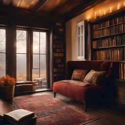 photo of a cozy reading nook, near a big window, plaid pattern, old house, romantic, candlelight, big bookcase, books, warm autumn colors, rainy day --ar 1:1