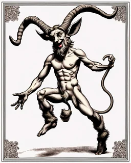 A horned satyr on full-length hind legs, legs in gray wool, jumps and smiles, sends an air kiss