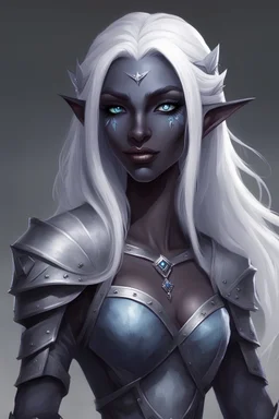 female drow from dungeon and dragons that resembles a dark elf but has obsidian skin tone with very light blue eyes and stark, long stark white hair decorated with metal accessories, with a kind face, and slender face, young, innocent, with small lips and small nose, beautiful, with a smile, beautiful, young, calm, sweet, bard, accessories in hair, realistic, happy, bard,