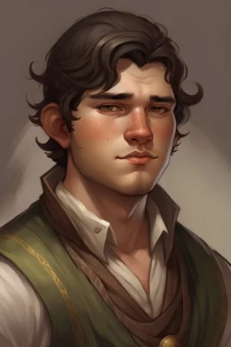 Portrait of a young half-elf man, fat, tan skin, well-dressed