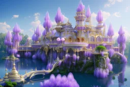 a magical crystal flower wisteria pink gold house palace in the woods, blue lake,sun,white swanns,pink vertical, blue lake,sharp, vines, candlelit, endor, ornate, elegant, highly detailed, artstation, concept art, smooth, sharp focus, illustration, 8k, splash art, wallpaper, key visual