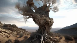 Alienated, surreal tree-like structure, standing on a desolate landscape. Organic, rocky head, reminiscent of a petrified treetop, rests atop a metallic, skeletal trunk. Warm, muted beige and brown tones dominate, contrasted by a cool, twilight-bluescape. Detailed textures, like rough bark and corroded metal, are evident in the structure. The tree-like form possesses mechanical elements. Landscape is a hazy, muted gray and brown, suggestive of a faraway, desolate planet. Low-horizon perspect