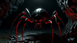 Aracnórax en caverna oscura, híbrido de araña y reptil con ocho patas segmentadas, caparazón negro con vetas rojas incandescentes, ojos múltiples brillando, luz puntual, sombras profundas, atmósfera opresiva, render hiperrealista