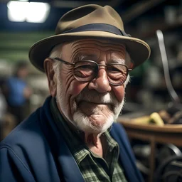 Un retrato de un anciano con un sombrero de pesca y lentes oscuros en un taller mecánico
