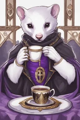 (anthropomorphic white ferret),dressed in ((cleric fantasy)) black and purple clothes with silver holy ornaments, realistic anatomy, fantasy tavern on background, mage and holy symbols around, serious face, hold cup of coffe, tired face, in the style of LOISH